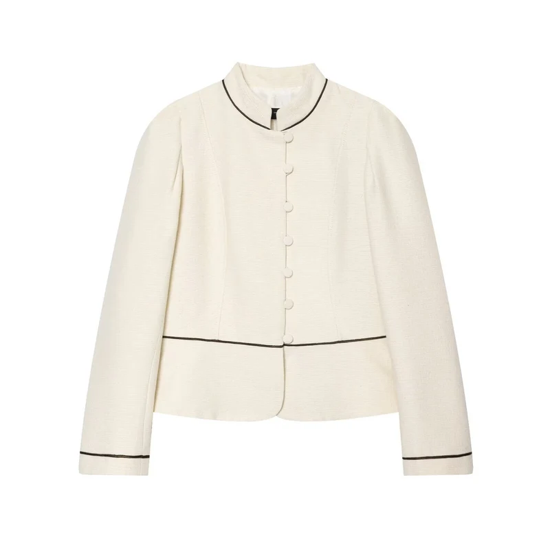 Damen Kurzblazer im Bouclé‑Look mit Stehkragen, dekorativen Knöpfen und Kontrastpaspel Drune