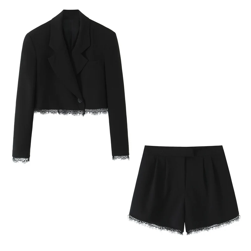 Damen Kurzblazer mit Spitzenbesatz und taillierter Cropped-Silhouette Drune