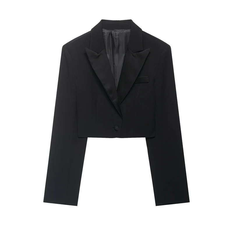 Damen Kurzblazer im Smokingstil mit Satinrevers, taillierter Cropped‑Silhouette Drune