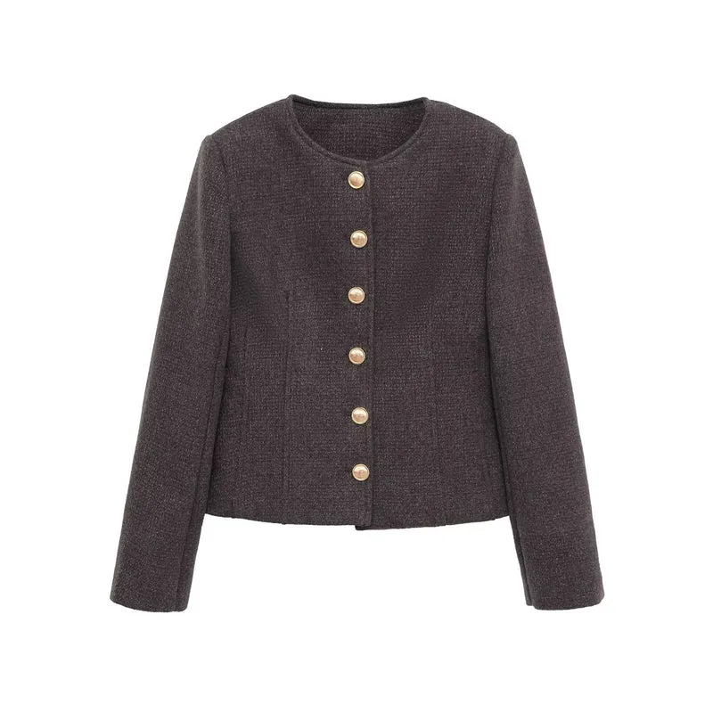 Damen Kurzblazer aus Bouclé mit Rundhals und goldenen Zierknöpfen Drune