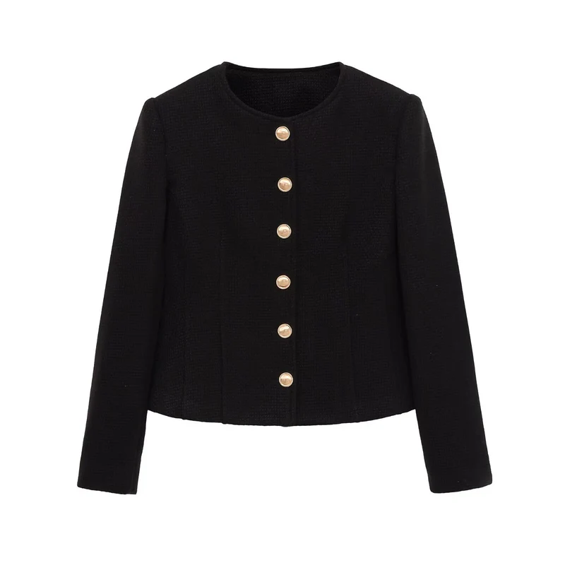 Damen Kurzblazer aus Bouclé mit Rundhals und goldenen Zierknöpfen Drune