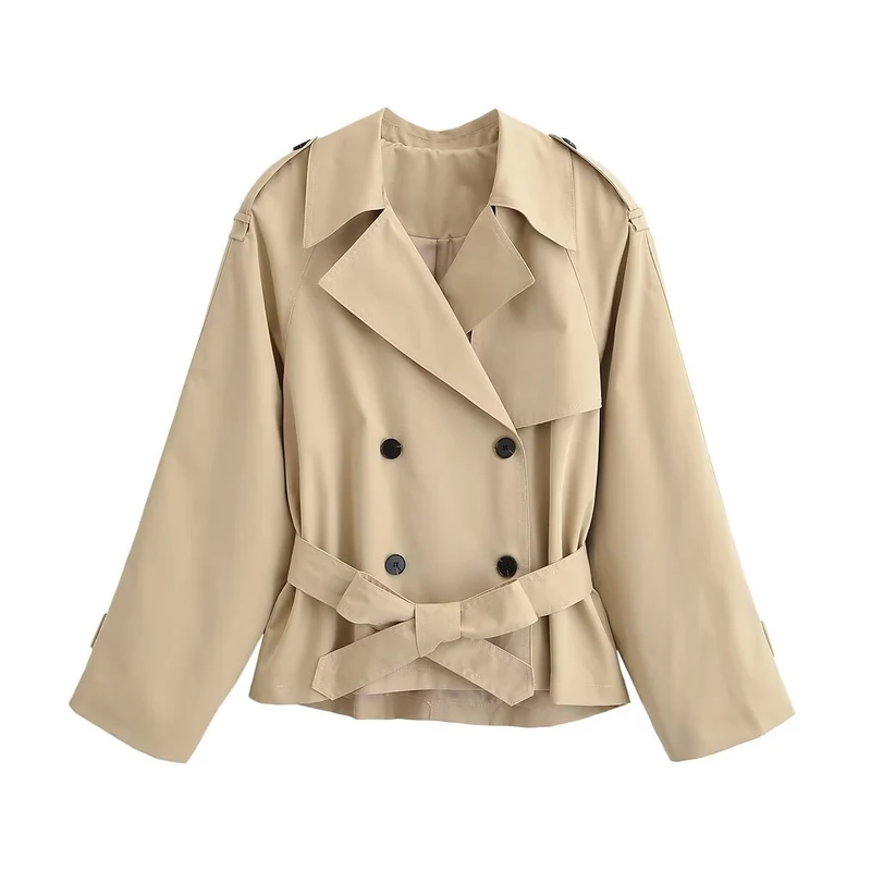 Damen Kurz-Trenchjacke mit weitem Schnitt, doppelreihiger Knopfleiste und Taillengürtel Drune