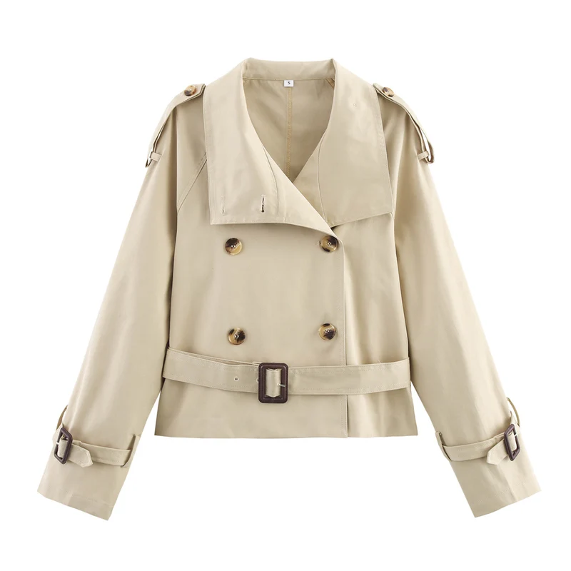 Damen Kurz-Trenchjacke mit Doppelreihe, Stehkragen, Schulterklappen und Taillengürtel Drune