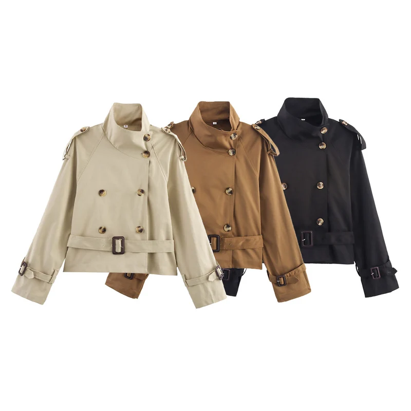 Damen Kurz-Trenchjacke mit Doppelreihe, Stehkragen, Schulterklappen und Taillengürtel Drune