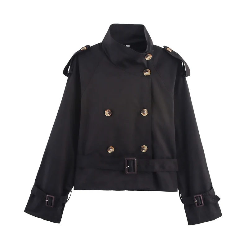 Damen Kurz-Trenchjacke mit Doppelreihe, Stehkragen, Schulterklappen und Taillengürtel Drune