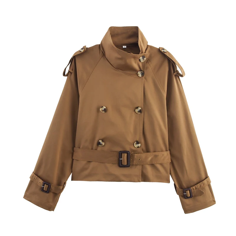 Damen Kurz-Trenchjacke mit Doppelreihe, Stehkragen, Schulterklappen und Taillengürtel Drune