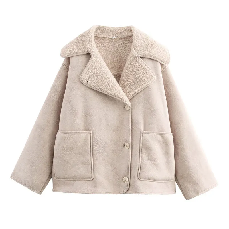Damen Kurz geschnittener Oversized Lammfellimitat-Mantel mit Teddy-Kragen Drune