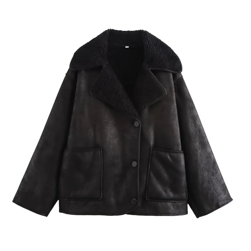 Damen Kurz geschnittener Oversized Lammfellimitat-Mantel mit Teddy-Kragen Drune