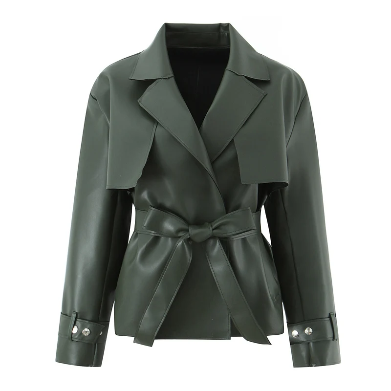 Damen Kurz geschnittener Kunstleder-Trenchcoat mit Taillengürtel Drune