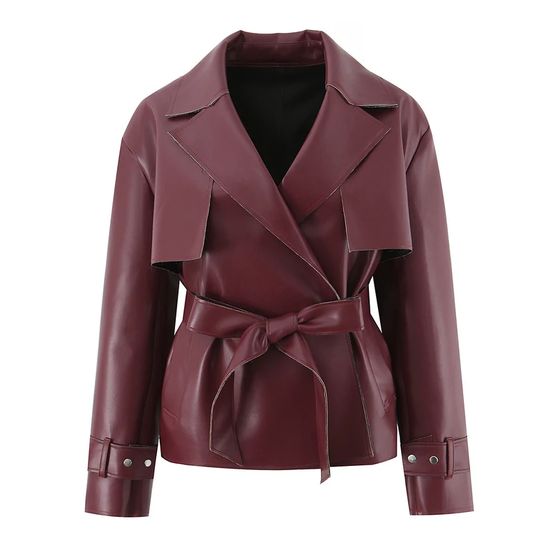 Damen Kurz geschnittener Kunstleder-Trenchcoat mit Taillengürtel Drune