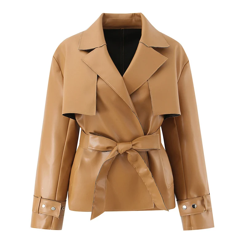 Damen Kurz geschnittener Kunstleder-Trenchcoat mit Taillengürtel Drune