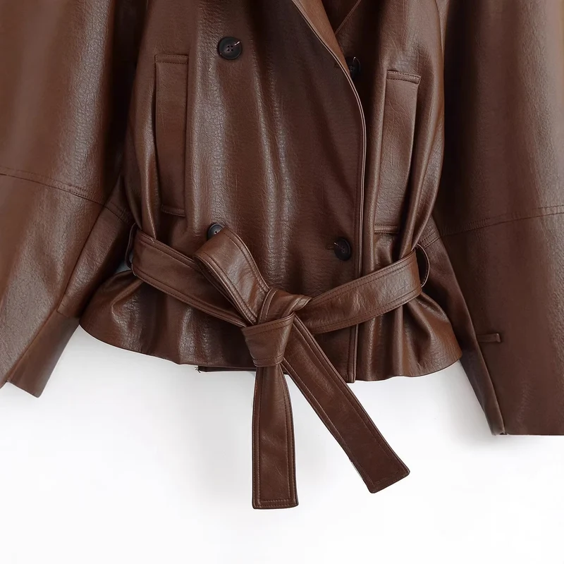 Damen Kurz geschnittener Kunstleder-Trenchcoat mit Bindegürtel und doppelreihiger Knopfleiste Drune