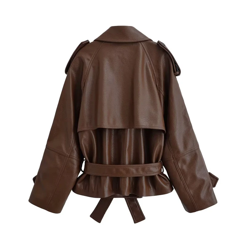 Damen Kurz geschnittener Kunstleder-Trenchcoat mit Bindegürtel und doppelreihiger Knopfleiste Drune