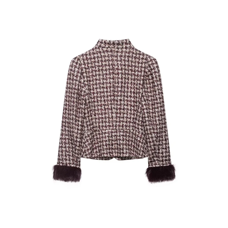 Damen Kurz geschnittener Bouclé‑Tweed‑Blazer mit Stehkragen und Fellmanschetten Drune