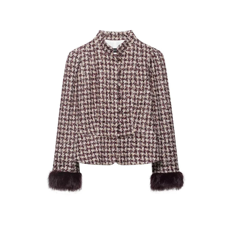 Damen Kurz geschnittener Bouclé‑Tweed‑Blazer mit Stehkragen und Fellmanschetten Drune