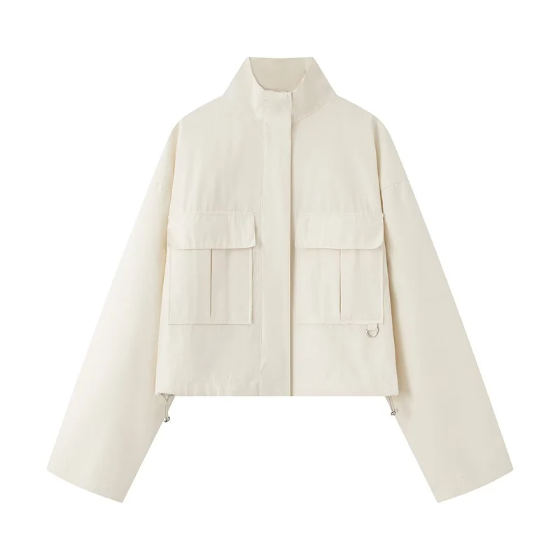 Damen Kurz geschnittene Utility-Jacke mit Stehkragen und aufgesetzten Taschen Drune