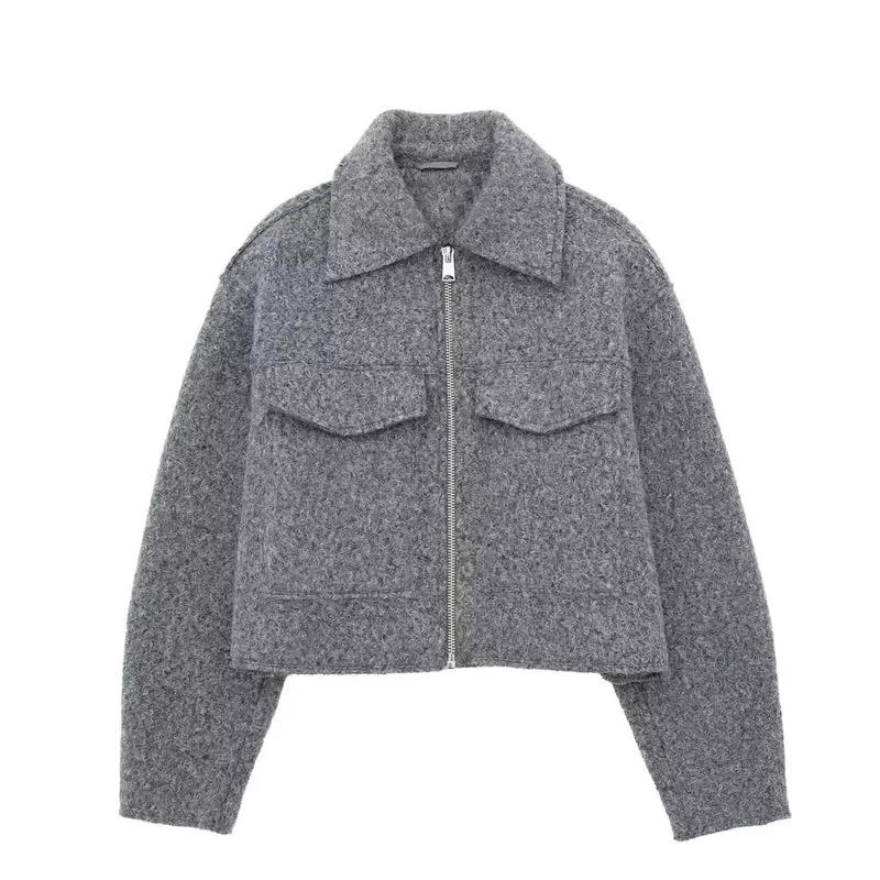 Damen Kurz geschnittene Teddyjacke mit Reißverschluss, Kragen und aufgesetzten Klappentaschen Drune
