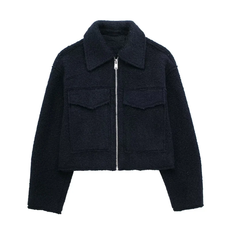 Damen Kurz geschnittene Teddyjacke mit Reißverschluss, Kragen und aufgesetzten Klappentaschen Drune