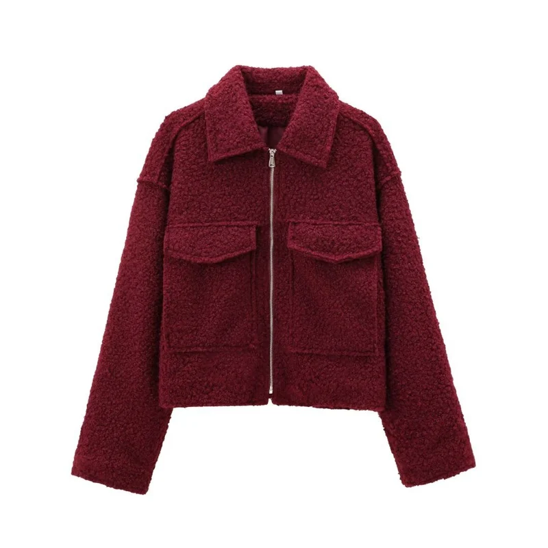 Damen Kurz geschnittene Teddyjacke mit Reißverschluss, Kragen und aufgesetzten Klappentaschen Drune