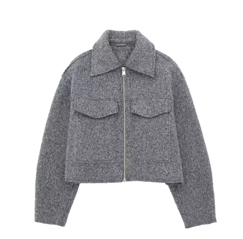 Damen Kurz geschnittene Teddyjacke mit Reißverschluss, Kragen und aufgesetzten Klappentaschen Drune