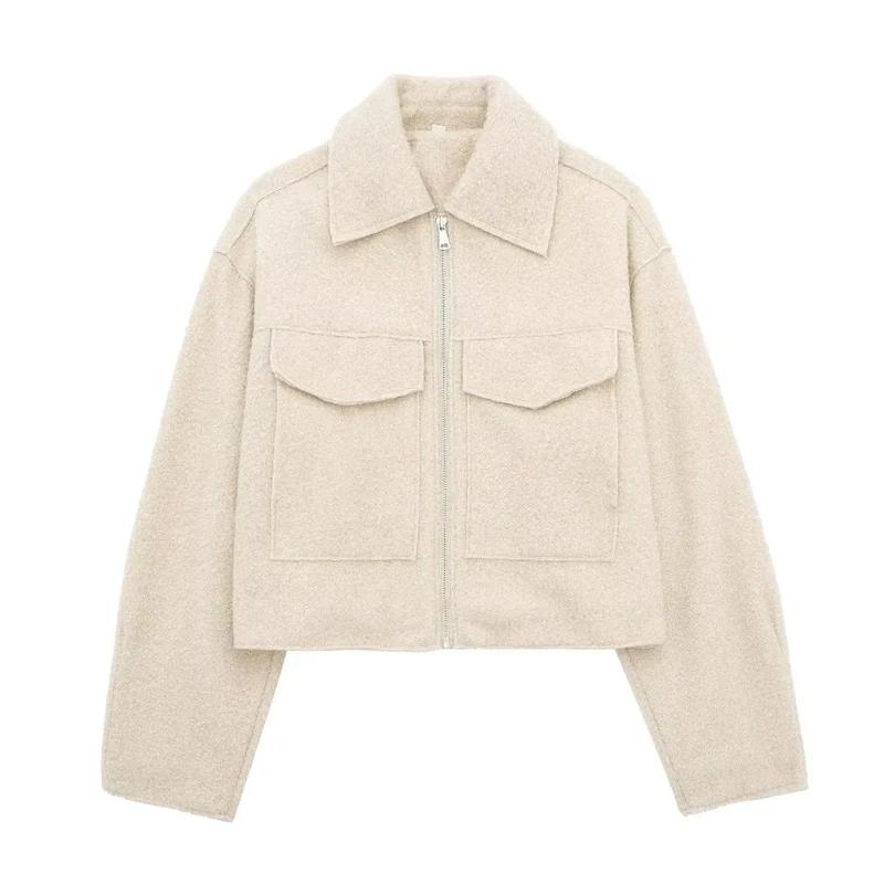 Damen Kurz geschnittene Teddyjacke mit Reißverschluss, Kragen und aufgesetzten Klappentaschen Drune