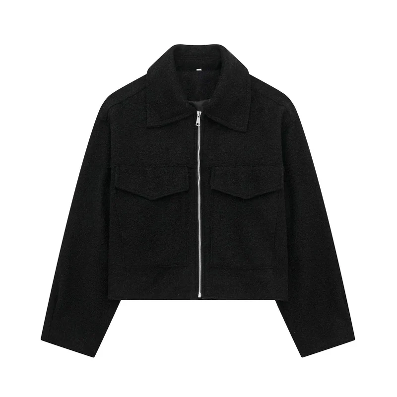 Damen Kurz geschnittene Teddyjacke mit Reißverschluss, Kragen und aufgesetzten Klappentaschen Drune