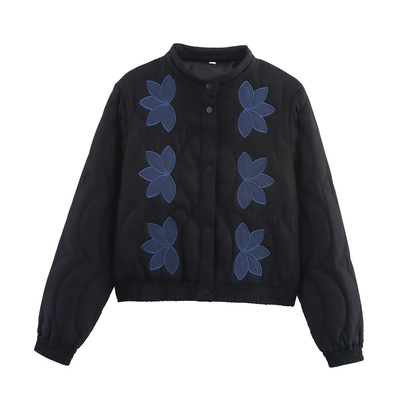 Damen Kurz geschnittene Steppjacke mit floralen Applikationen und elastischem Saum Drune