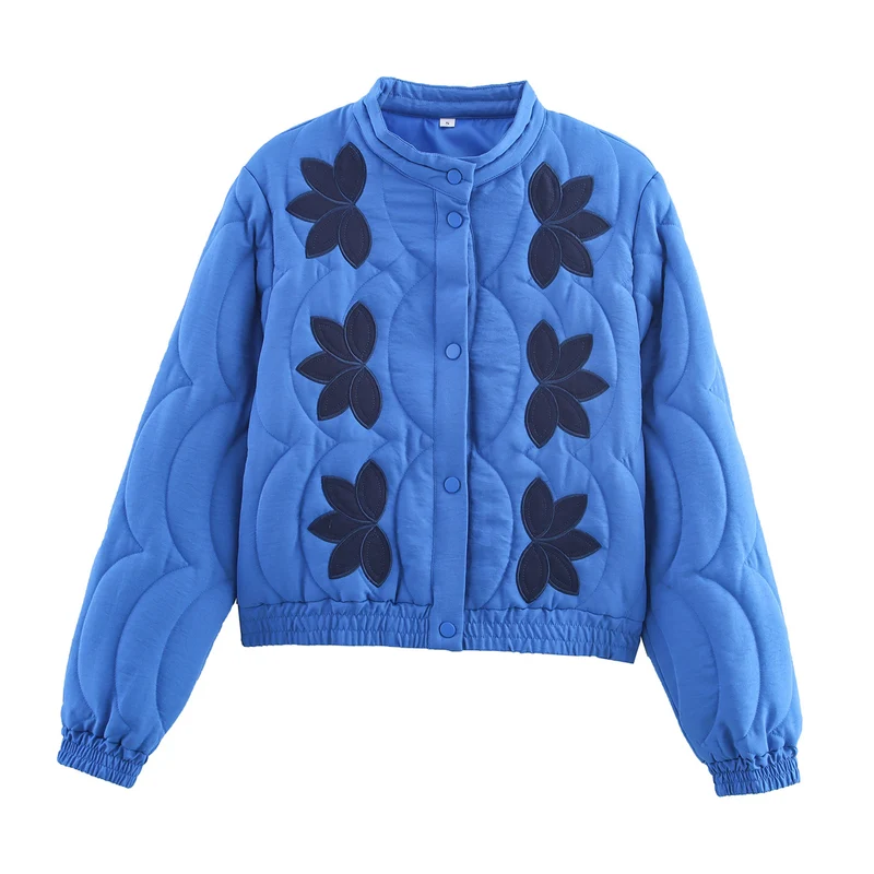 Damen Kurz geschnittene Steppjacke mit floralen Applikationen und elastischem Saum Drune
