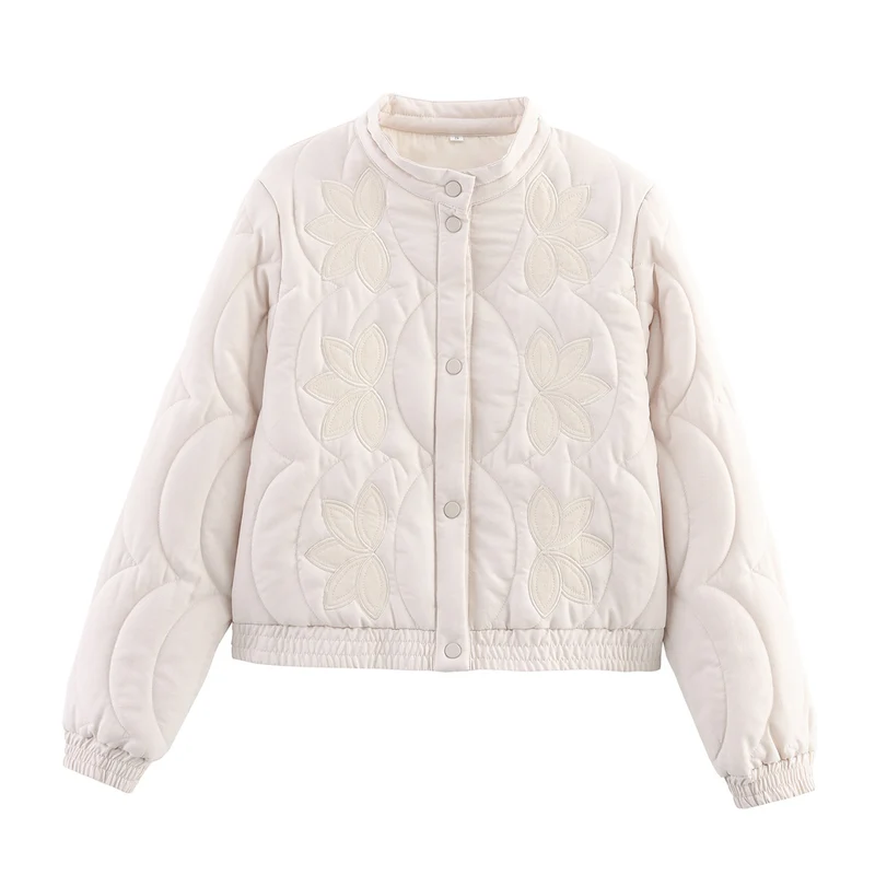 Damen Kurz geschnittene Steppjacke mit floralen Applikationen und elastischem Saum Drune