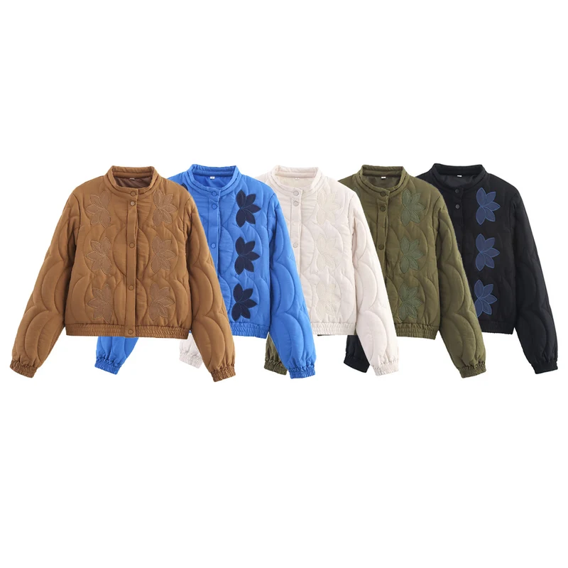 Damen Kurz geschnittene Steppjacke mit floralen Applikationen und elastischem Saum Drune