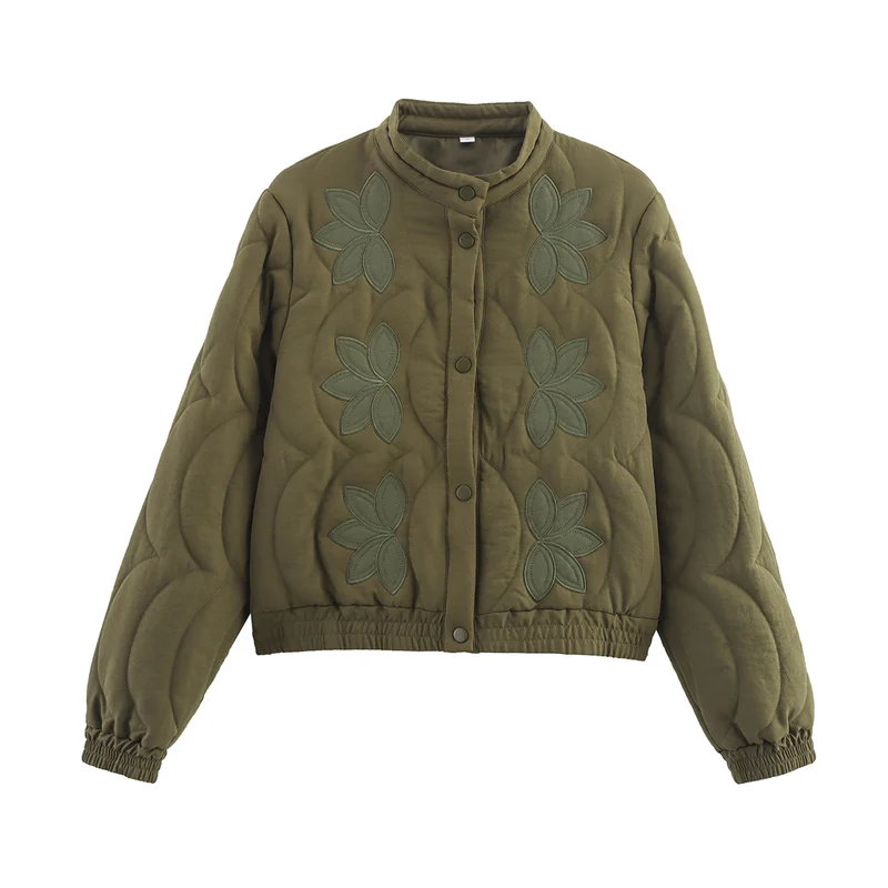 Damen Kurz geschnittene Steppjacke mit floralen Applikationen und elastischem Saum Drune
