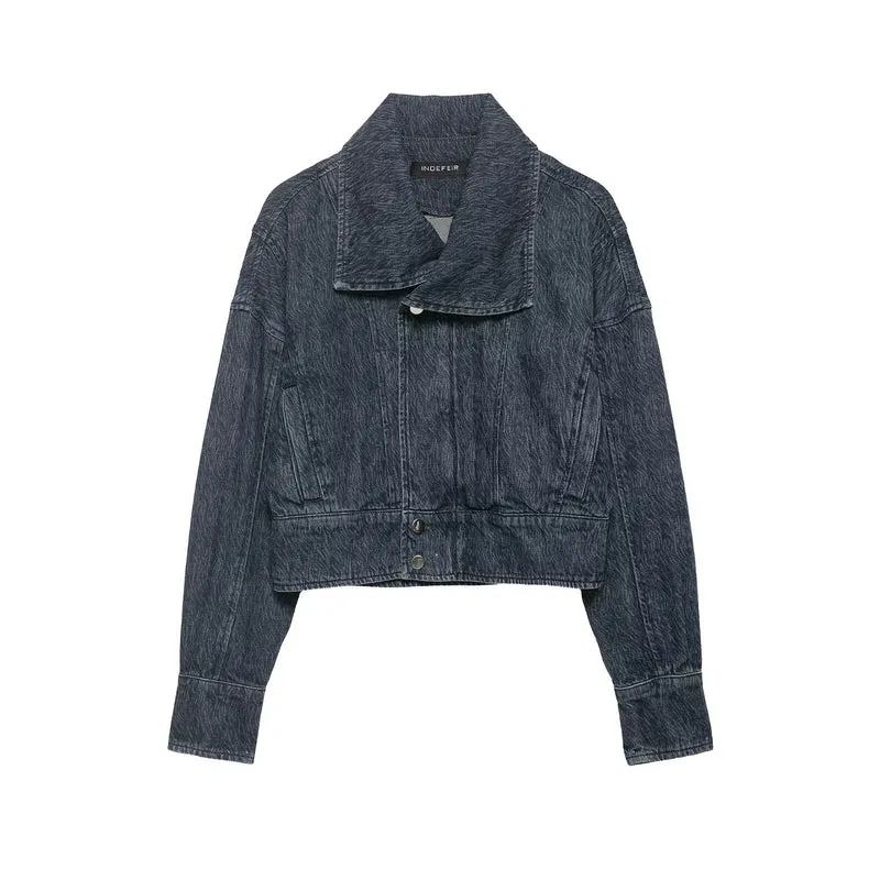 Damen Kurz geschnittene Oversize-Jeansjacke mit weitem Schalkragen Drune