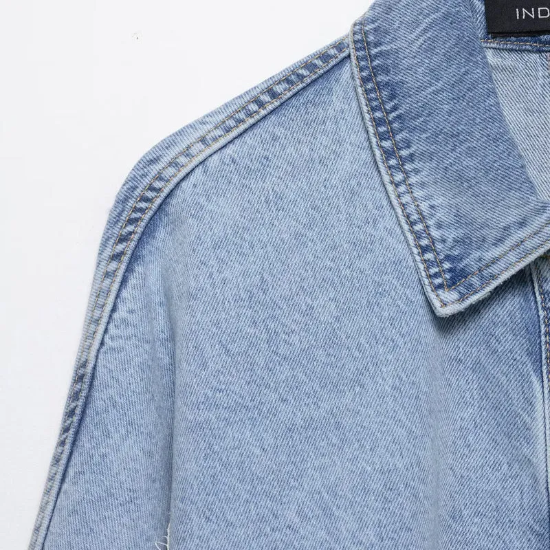 Damen Kurz geschnittene Oversize-Jeansjacke mit Spitzendetail und Fledermausärmeln Drune