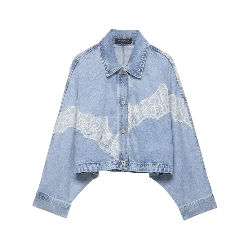 Damen Kurz geschnittene Oversize-Jeansjacke mit Spitzendetail und Fledermausärmeln Drune