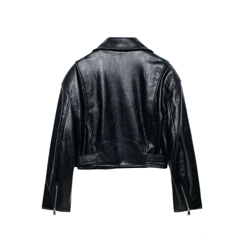 Damen Kurz geschnittene Biker-Lederjacke mit tailliertem Gürtel, asymmetrischer Reißverschluss und Strukturleder Drune