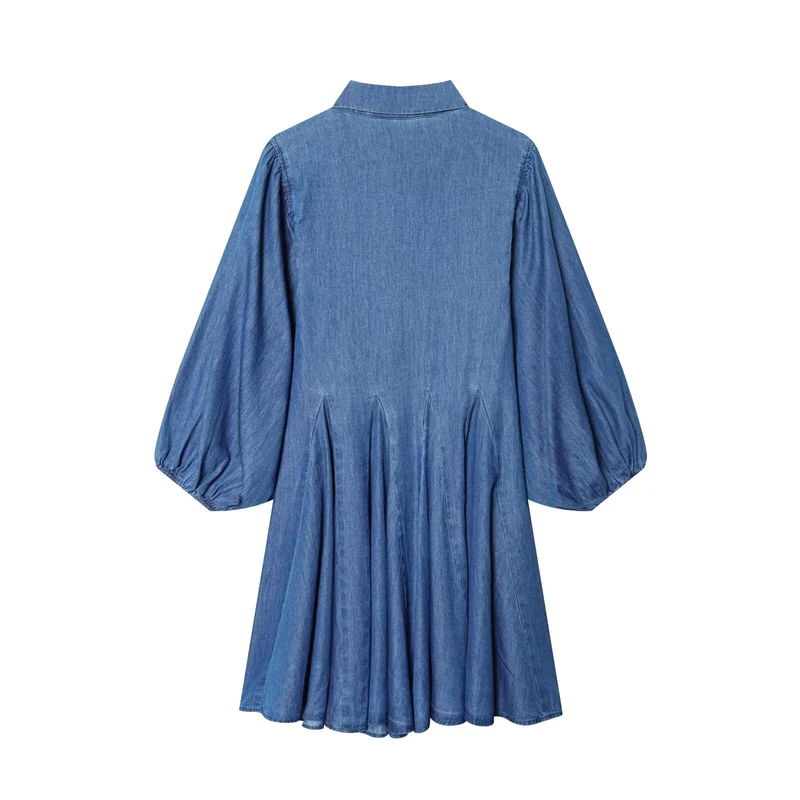 Damen Knielanges Hemdblusenkleid aus Denim mit Ballonärmeln und Faltenrock Drune