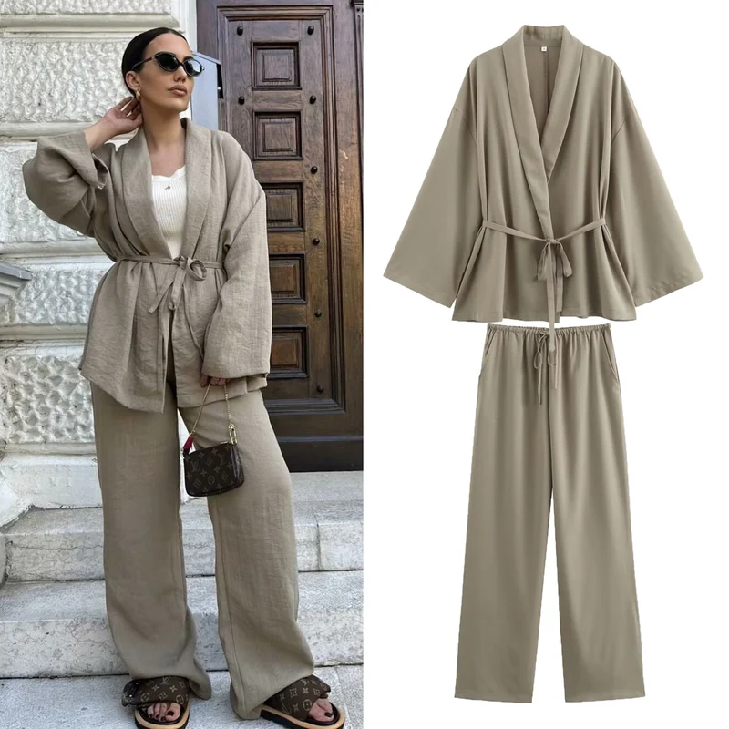 Damen Kimono-Jacke mit Wickelgürtel, weitem Schnitt und Schalkragen Drune