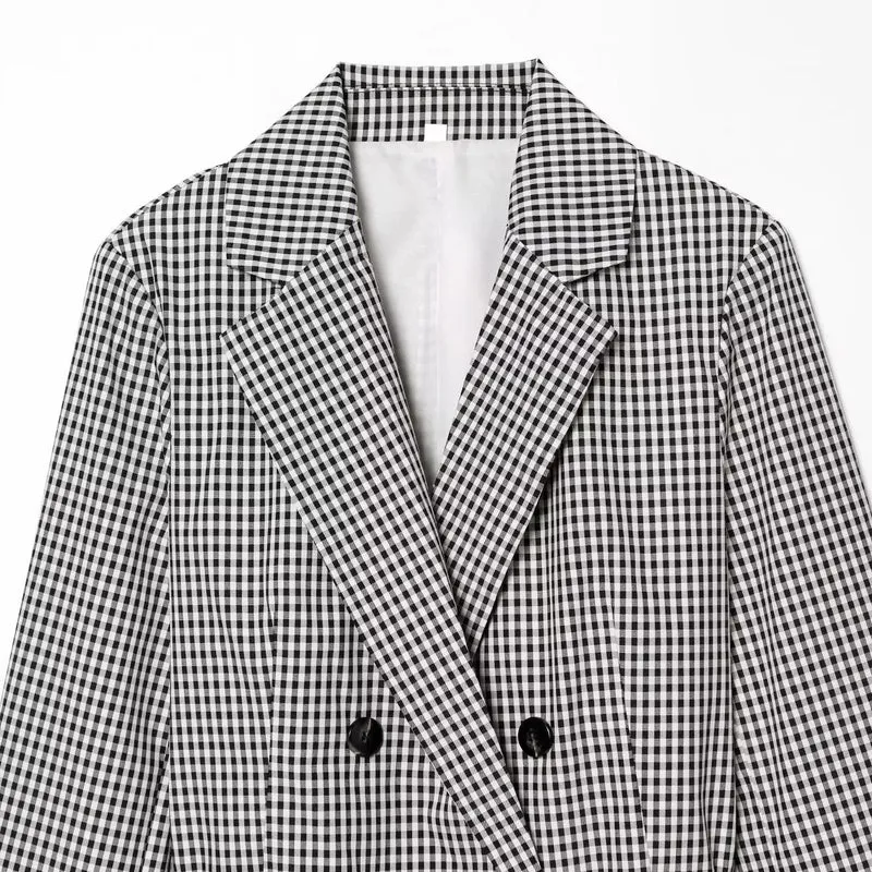 Damen Karo-Cropped-Blazer mit doppelreihiger Knopfleiste und Tunnelzugbindegürtel Drune