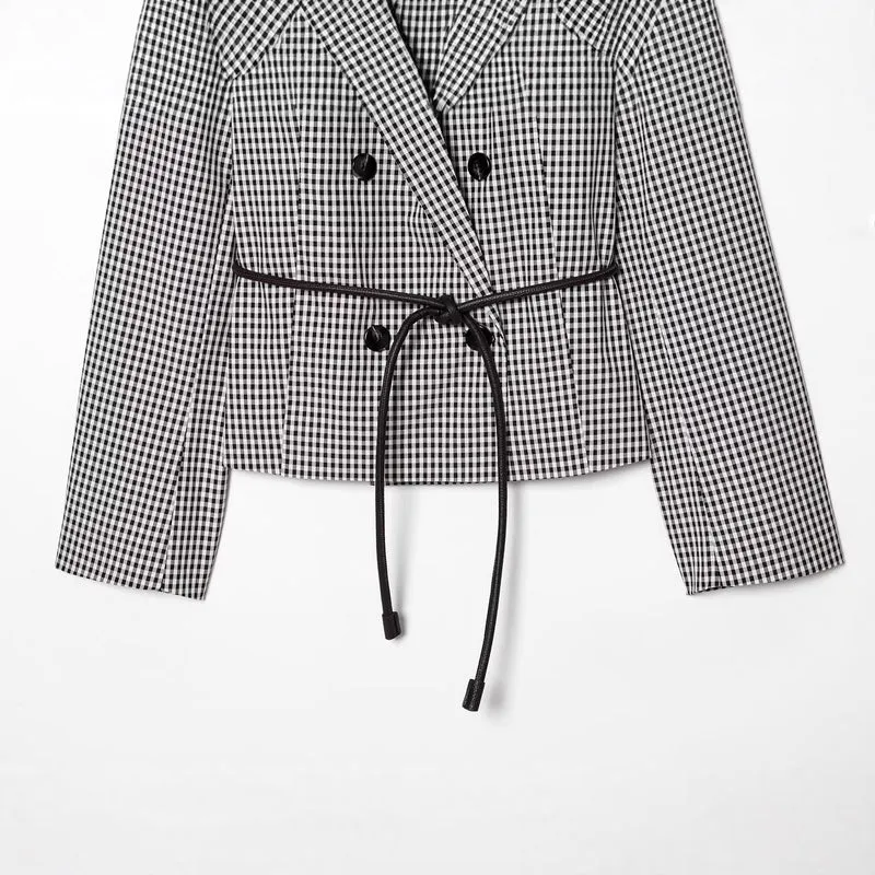 Damen Karo-Cropped-Blazer mit doppelreihiger Knopfleiste und Tunnelzugbindegürtel Drune