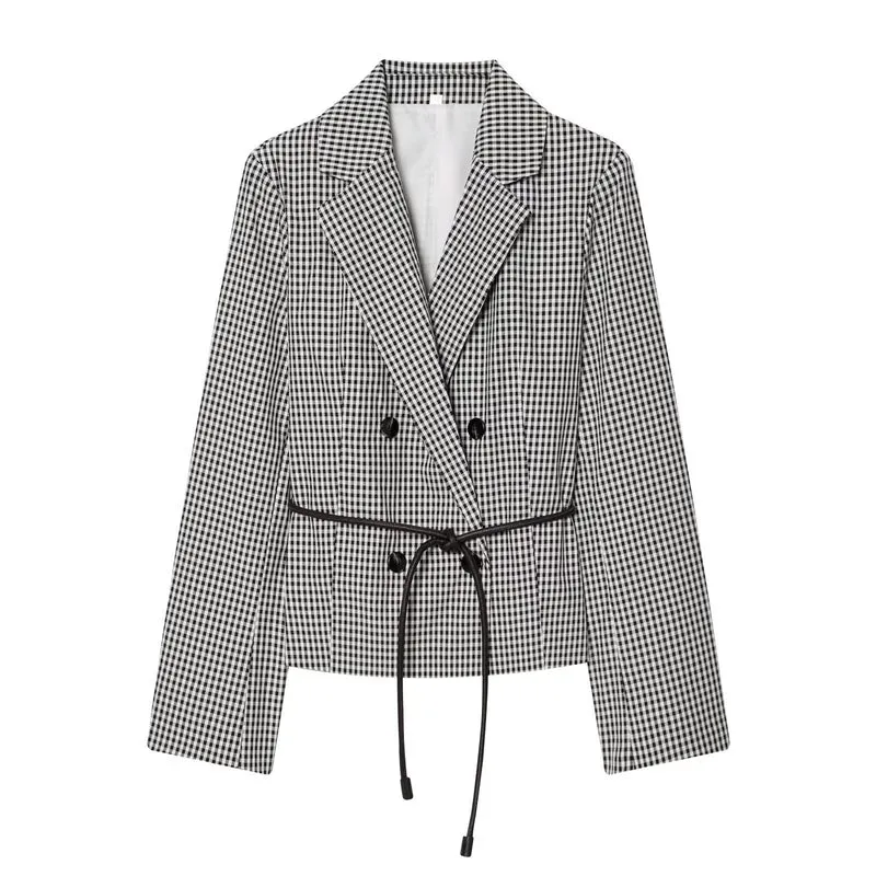 Damen Karo-Cropped-Blazer mit doppelreihiger Knopfleiste und Tunnelzugbindegürtel Drune