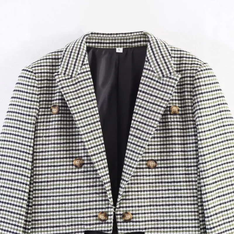Damen Karo-Blazer mit asymmetrischem Cropped-Vorderteil und Holzknöpfen Drune