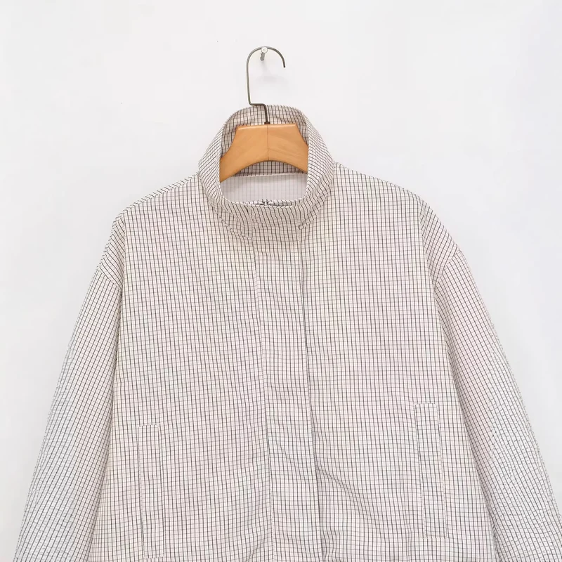 Damen Karierte Cropped-Jacke mit Stehkragen, Tunnelzug und verdecktem Reißverschluss Drune