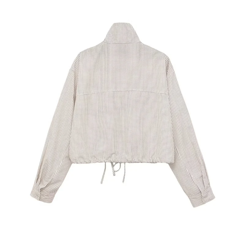 Damen Karierte Cropped-Jacke mit Stehkragen, Tunnelzug und verdecktem Reißverschluss Drune