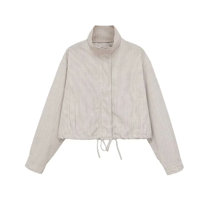 Damen Karierte Cropped-Jacke mit Stehkragen, Tunnelzug und verdecktem Reißverschluss Drune