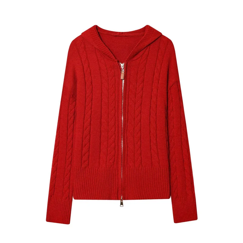 Damen Kapuzenstrickjacke mit Zopfstrickmuster und Metallreißverschluss Drune