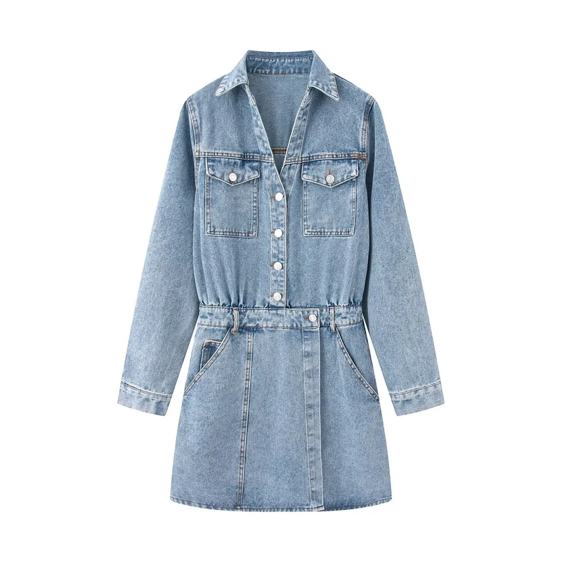 Damen Jeanskleid mit Taillengürtel, Hemdkragen und aufgesetzten Brusttaschen Drune