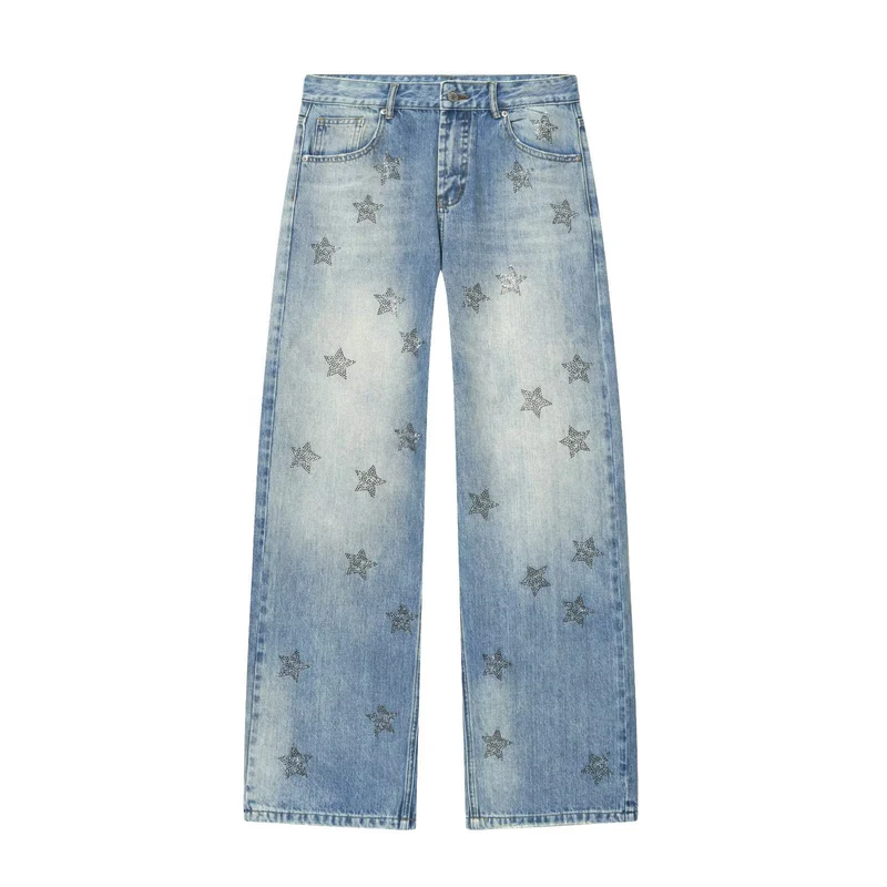 Damen Jeanshose mit weitem Bein und Sternen-Strassbesatz Drune