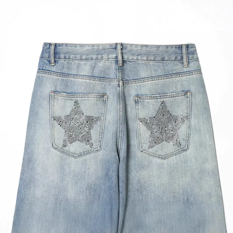 Damen Jeanshose mit weitem Bein und Sternen-Strassbesatz Drune