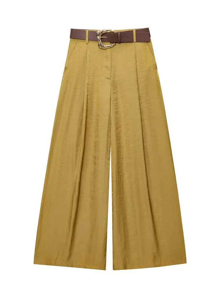 Damen High‑Waist Palazzo‑Hose mit Leoparden‑Print, weitem Bein und Ziergürtel Drune