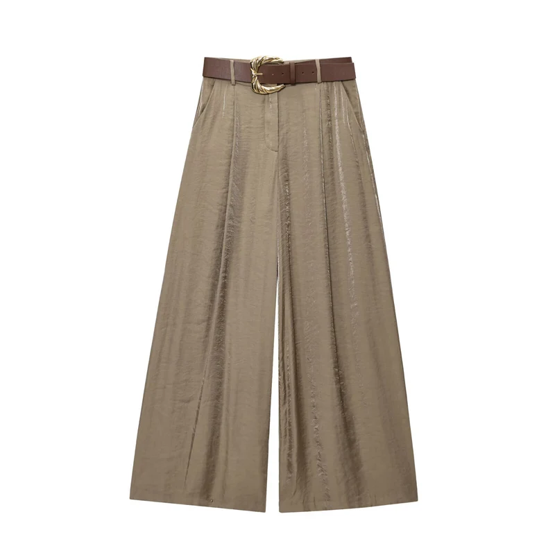 Damen High‑Waist Palazzo‑Hose mit Leoparden‑Print, weitem Bein und Ziergürtel Drune